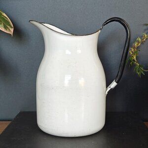 Vintage White Enamel Water Pitcher, Jug with Black Handle and Rim